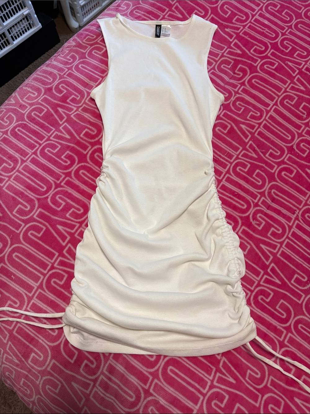 Divided White Sleeveless Ruched Side Drawstring Mini Dress